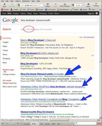 Google SERPs for Blog Developer Massachusetts on 2011-12-22