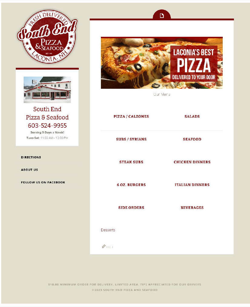 Laconia;s South End pizza old home page